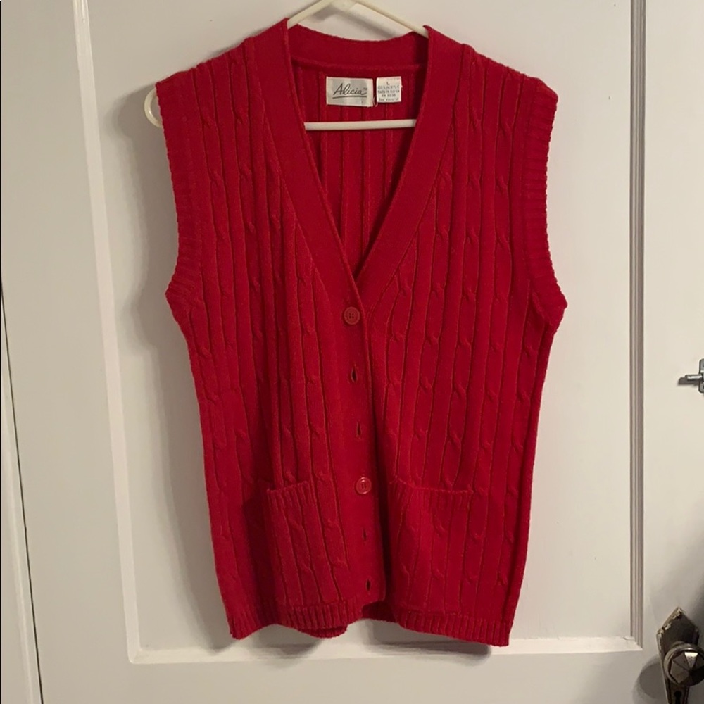 Sleeveless Red Sweater with Pockets.